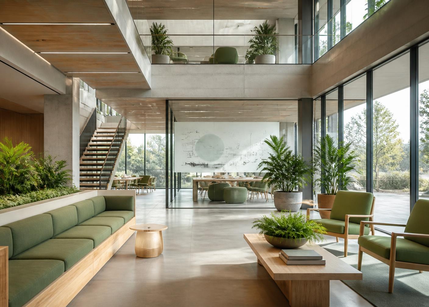Bright campus office atrium with concrete, oak and sage-green seating